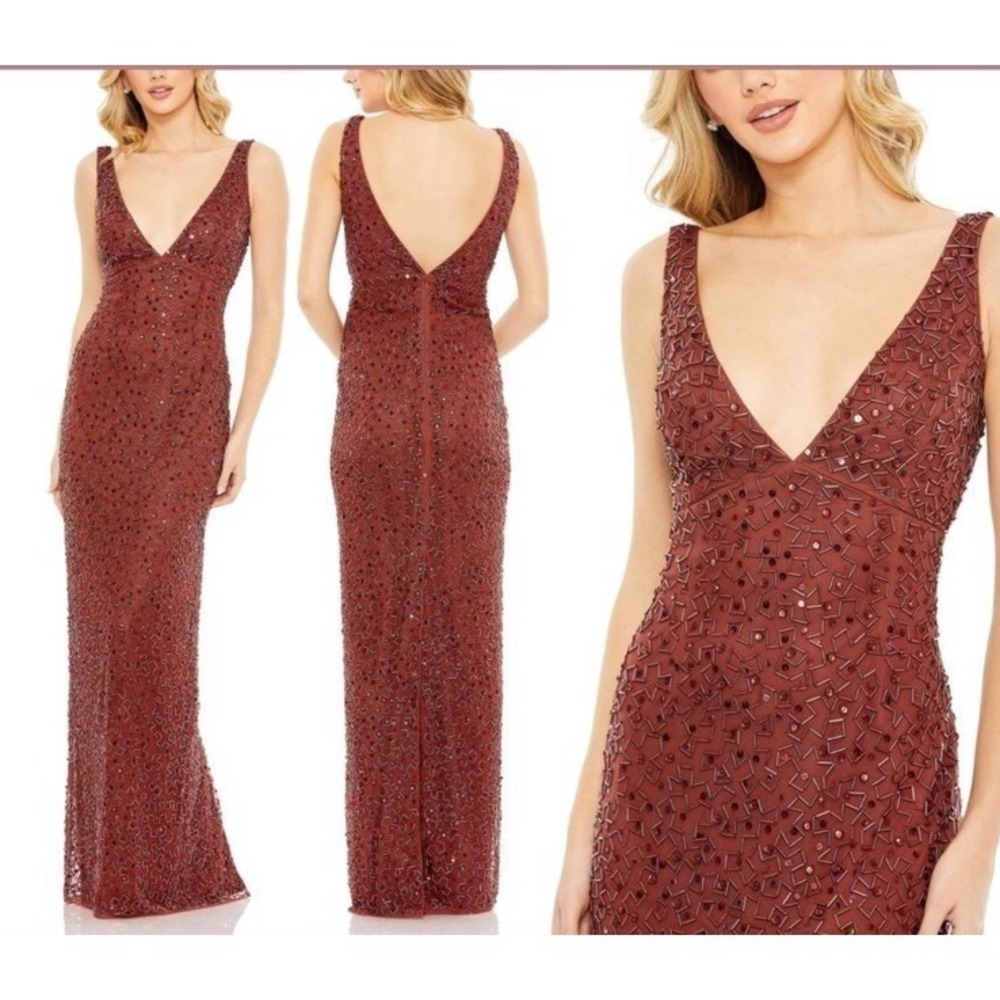 Mac Duggal 93757 Brick Beaded Maxi V Neck Dress Gown Prom Wedding Event Size 16